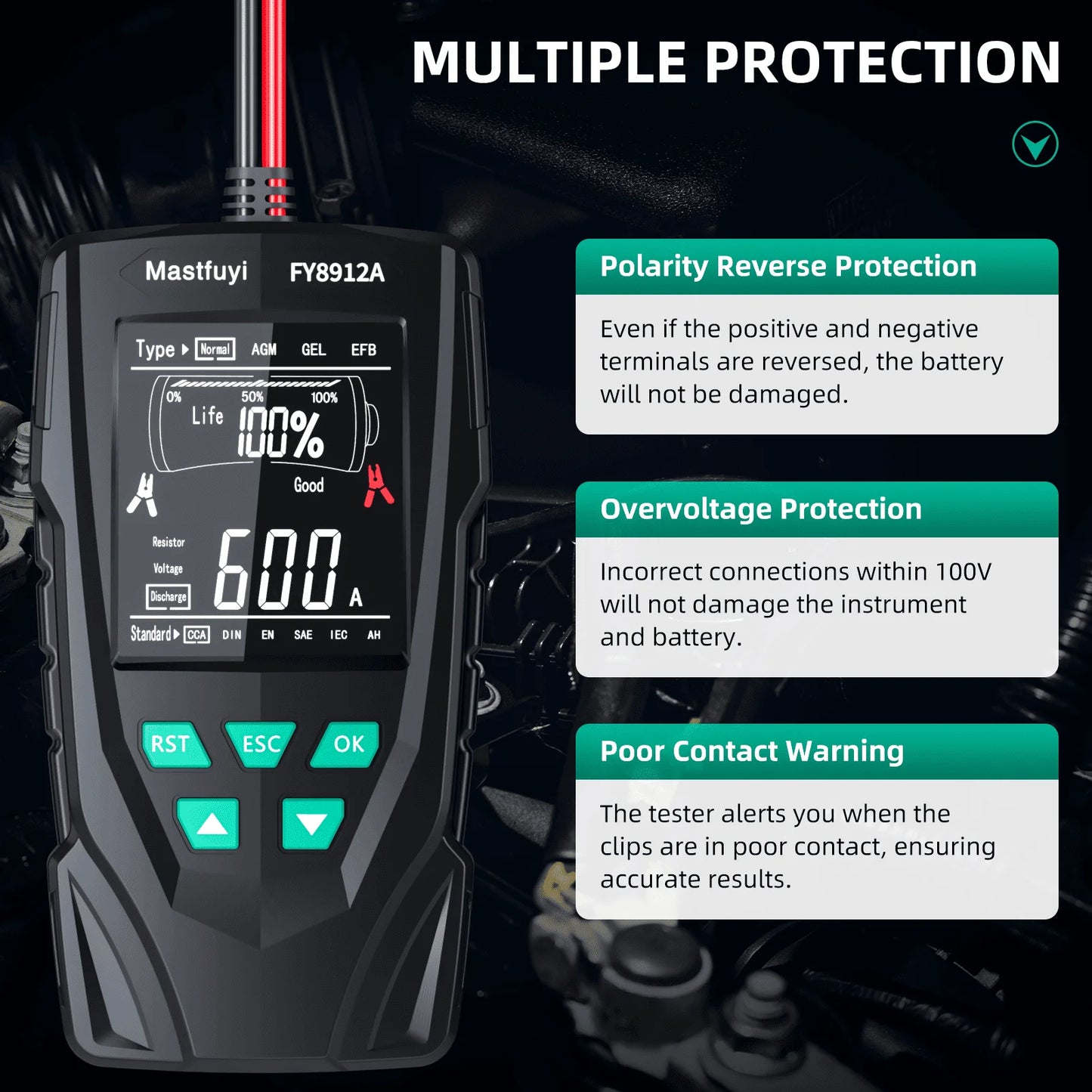 MASTFUYI Car Battery Tester 12V/24V Battery System Analyzer 50-2000CCA Battery Health Display Comprehensive Diagnostic Test Tool