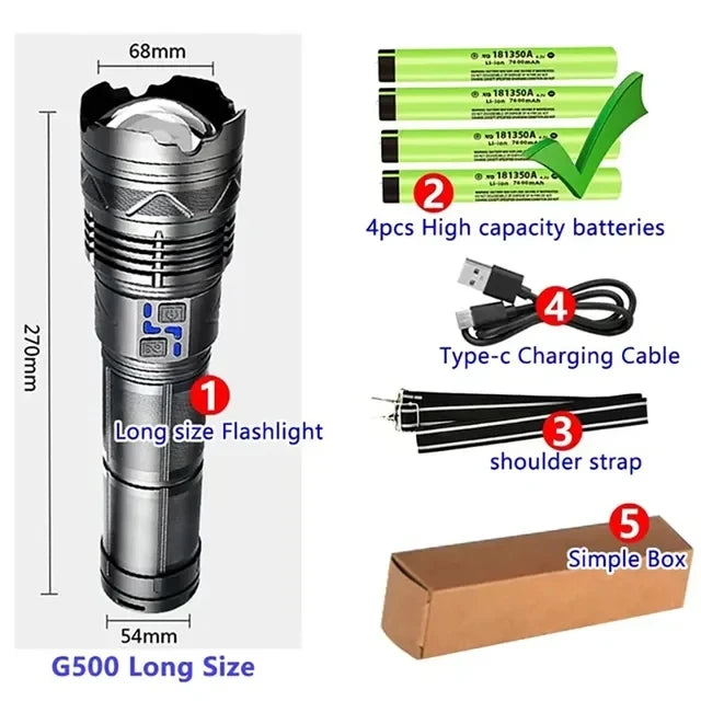 Most Powerful GT60 LED Flashlight Long-range Lighting Long Endurance Powerful Torch Type-C Charging Tactical Camping Lantern