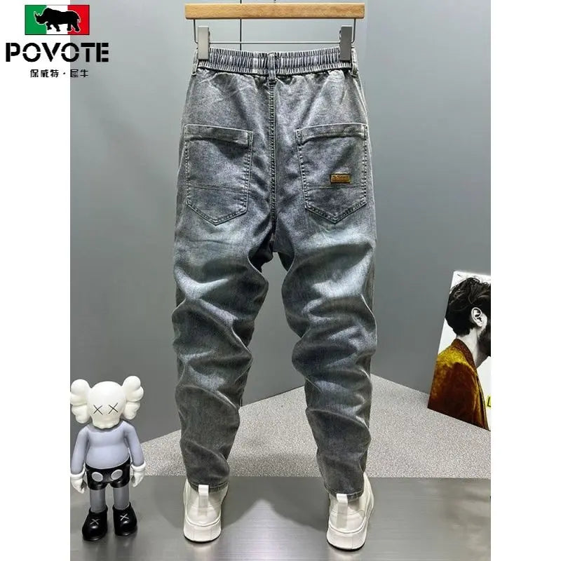 Casual Vintage Men's Fashion Drawstring Jeans with Thickened Fleece and Loose Harem Pants for Autumn and Winter Cargo Trousers