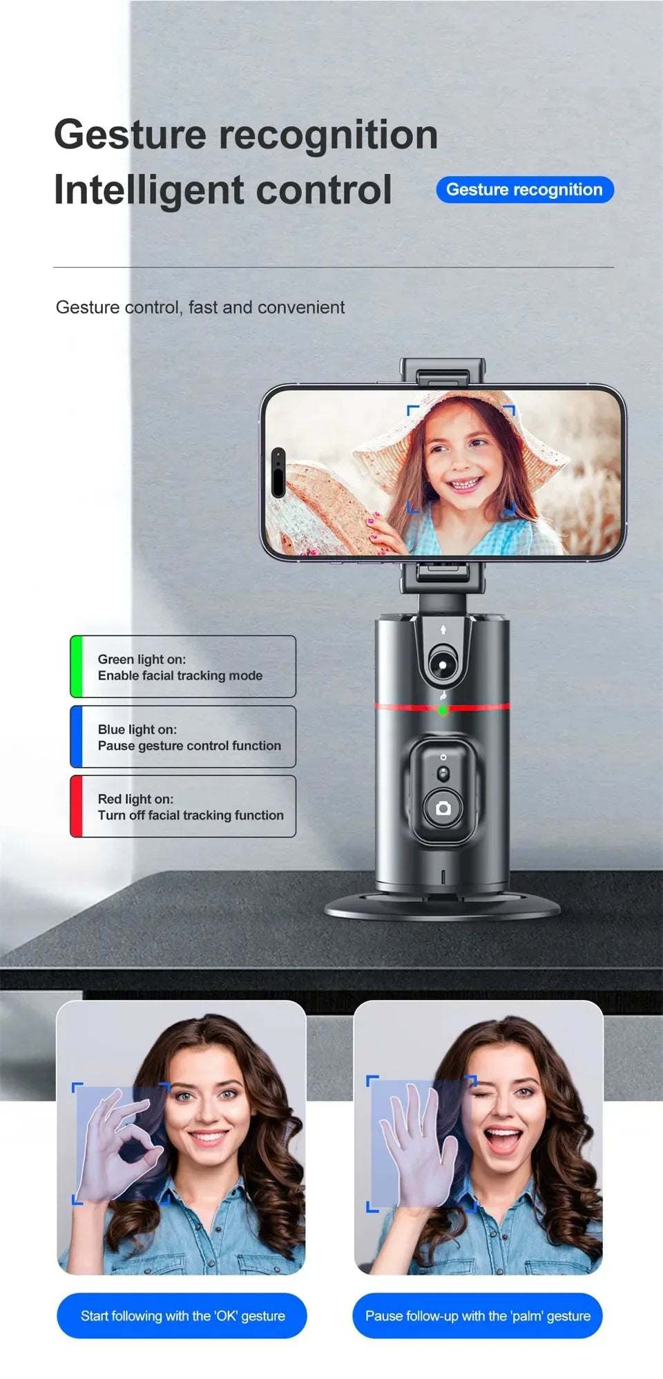 Wireless 360° Rotation Gimbal Smartphone Stabilizer Facial Tracking Selfie Stick Desktop Face Tracking Tripod for Mobile Video