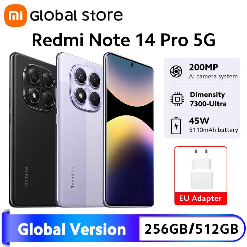 Global Version Redmi Note 14 Pro 5G Smartphone MediaTek Dimensity 7300-Ultra 200MP AI Camera 5110mAh 6.67" AMOLED 45W Charging