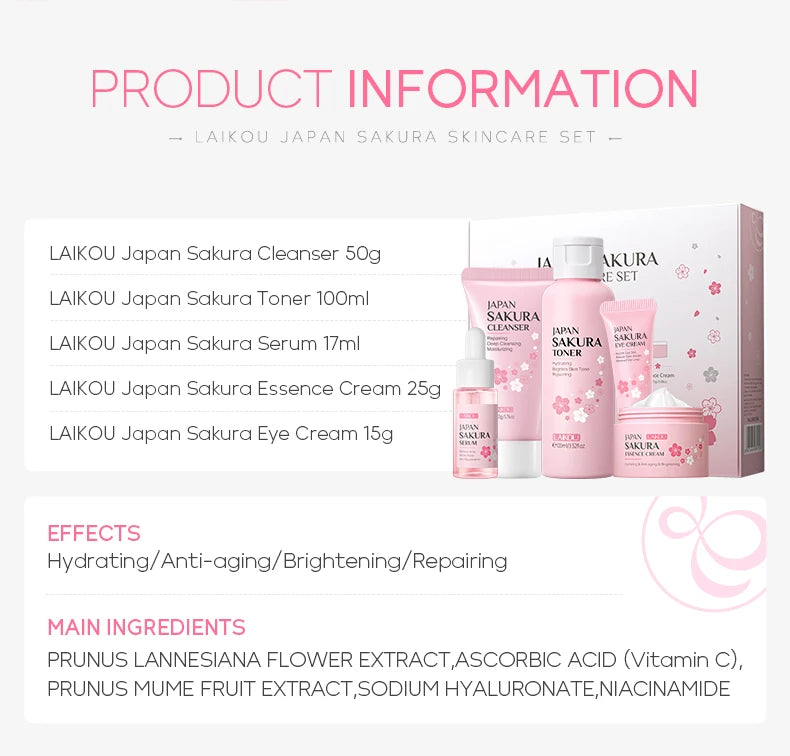 LAIKOU Japan Sakura Skin Care Set Serum Rejuvenating Cream Glowing Moisturizer Fade Blemishes 5pcs