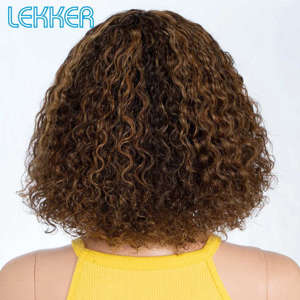 Lekker Colored Short Pixie Afro Kinky Curly Bob 100% Human Hair Wigs With Bangs For Women Brazilian Remy Hair Ombre Brown Wigs