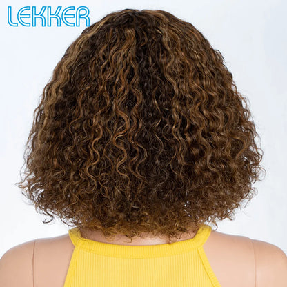 Lekker Colored Short Pixie Afro Kinky Curly Bob 100% Human Hair Wigs With Bangs For Women Brazilian Remy Hair Ombre Brown Wigs