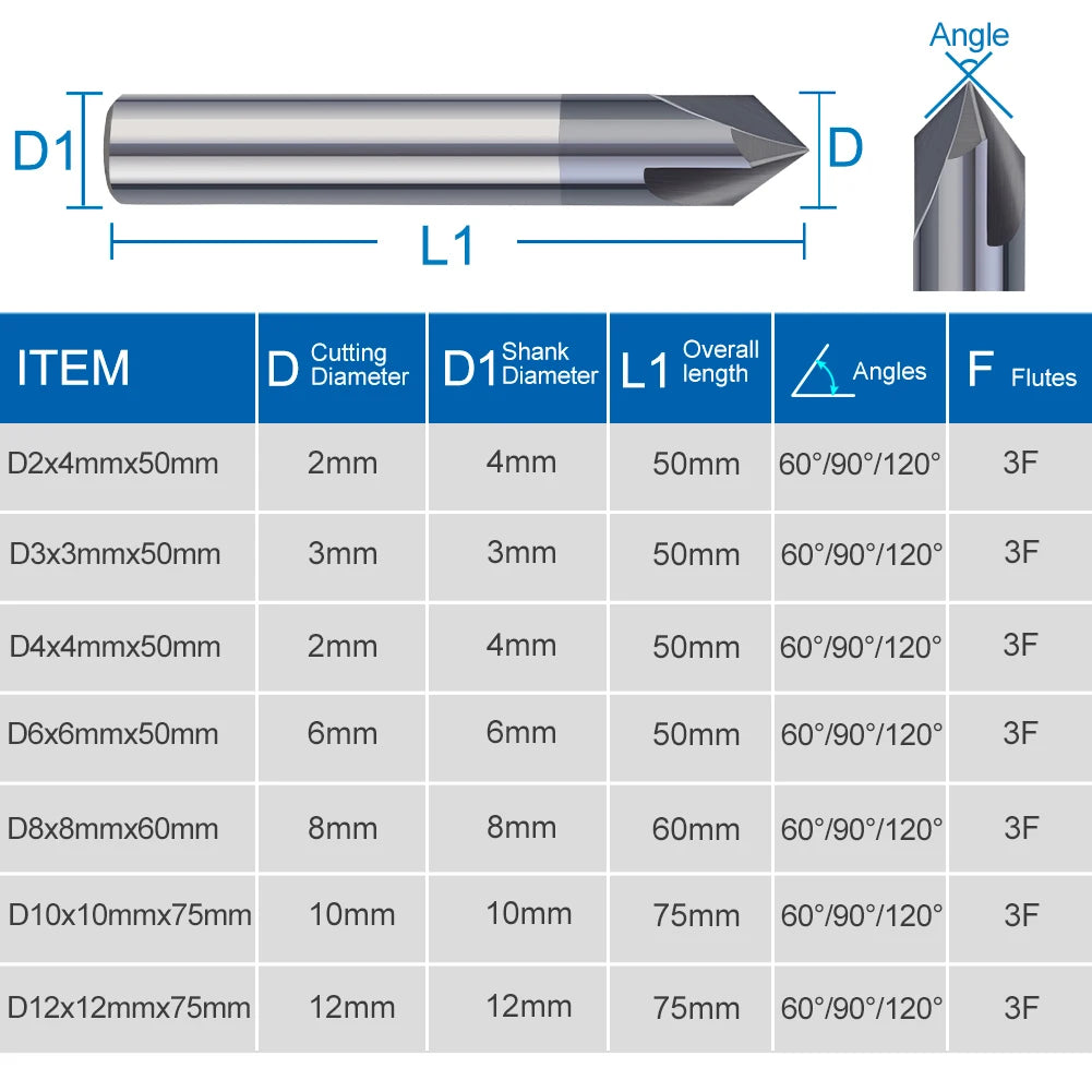 3 Flute Chamfer Milling Cutter 60/90/120 Degrees CNC Router Bit 2-12mm Carbide Chamfering End Mill CNC Engraving Milling Tool