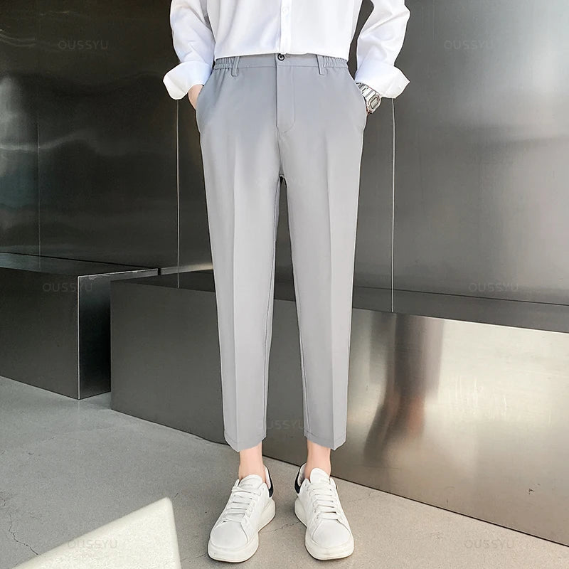 Spring Summer Suit Pants Men Stretch Business Elastic Waist Slim Ankle Length Pant Korean Trousers Male Large Size 40 42