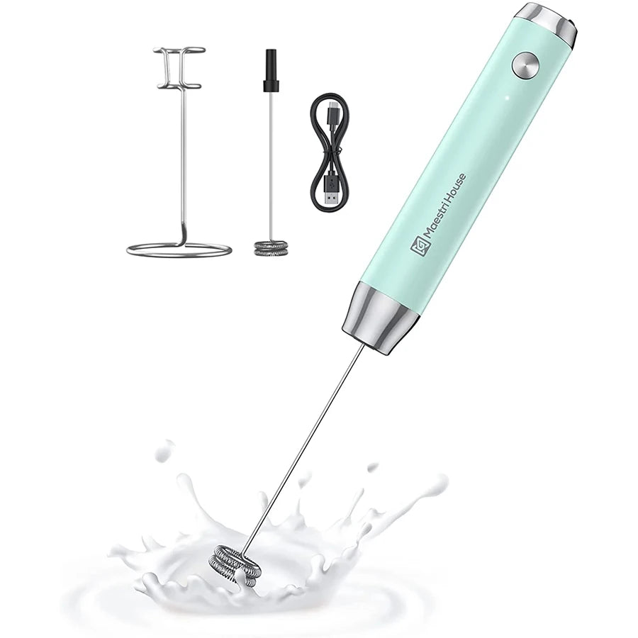 Maestri House Rechargeable Milk Frother with Stand Handheld Electric Foam Maker Waterproof Detachable Stainless Steel Whisk