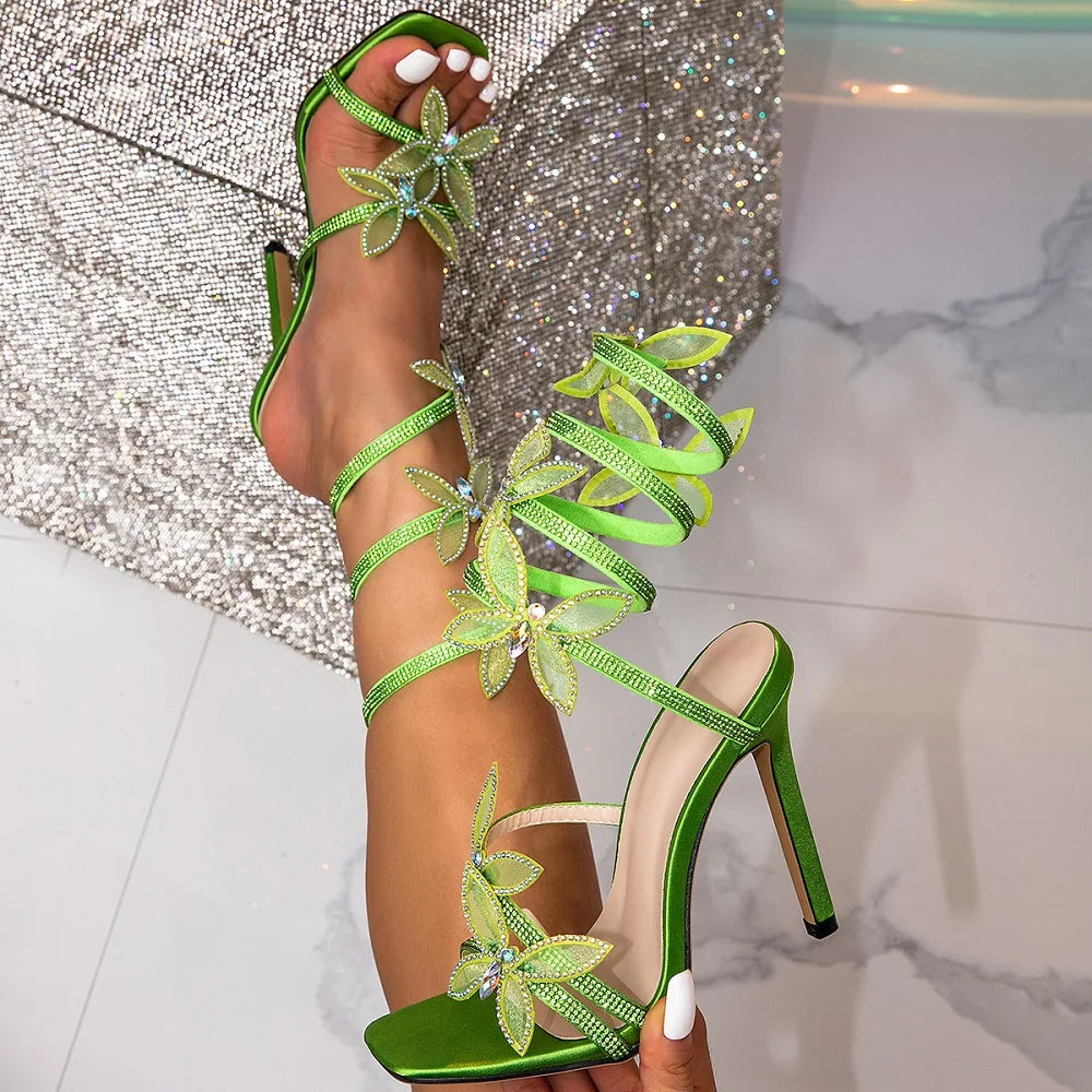 Eilyken Elegant Design Crystal Butterfly-knot Ankle Strap Woman Sandals Sexy Open Toe Thin High Heels Stripper Party Pumps Shoes