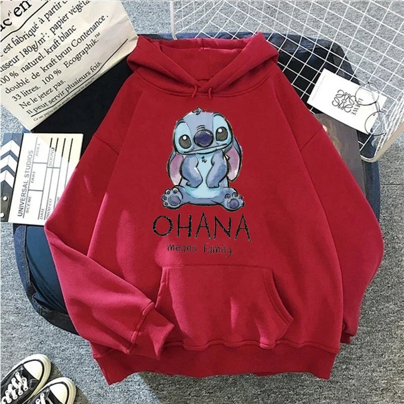 Disney Stitch Hoodies Women Harajuku Pullovers Cute Kawaii Casual Tops O-Neck Angel Print Hooded Sweatshirt Oversized Hoodie