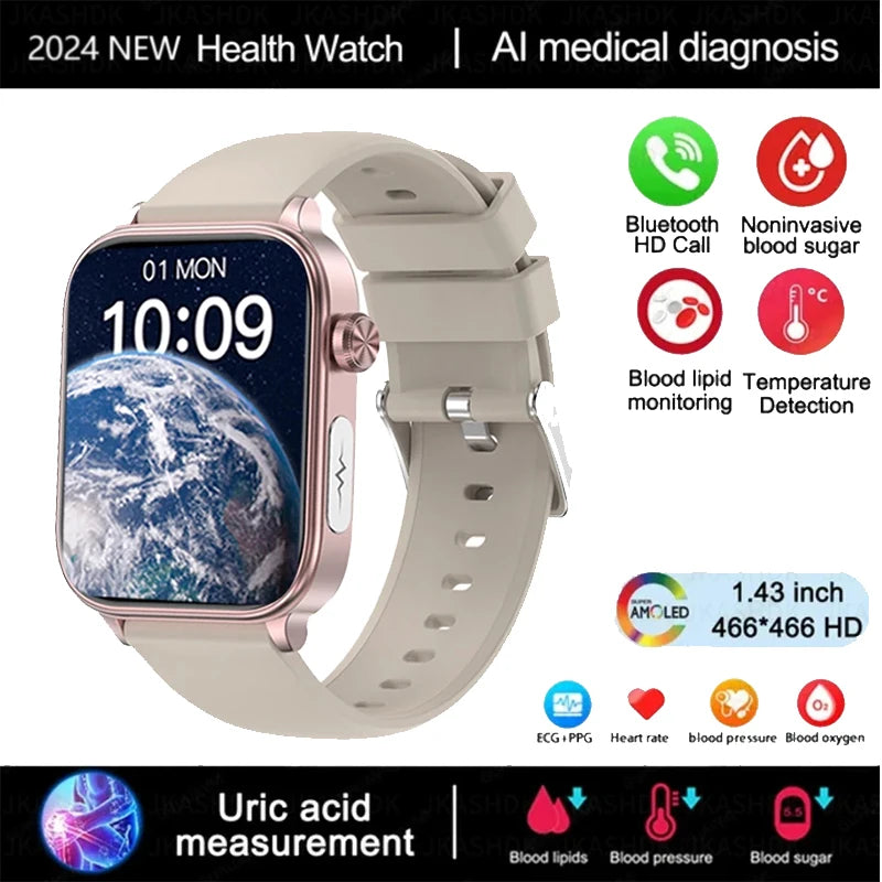 2024 New Medical Grade Smart Watch Men Blood Glucose Lipid and Uric Acid AI Diagnostic Detector Bluetooth Call Health Smartwatch