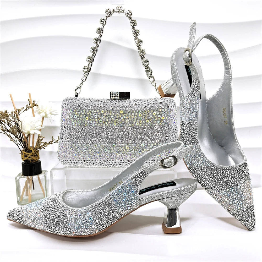 QSGFC Nigerian Women Heel Party Ladies Italian Design Green Shoes And Bag Set Decorated with Rhinestone Handbag Wedding Party