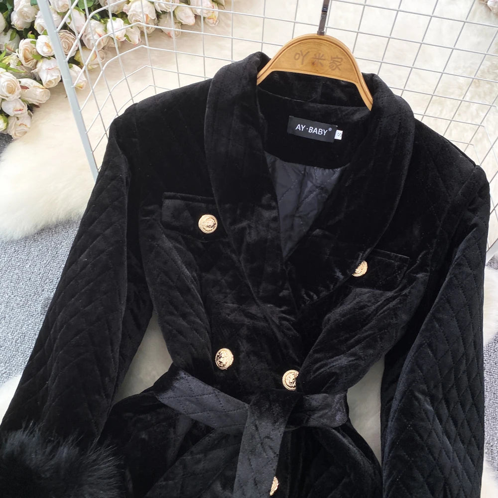 XFPV Women Velvet Feather Lace-up Korean Version Double Breasted Blazer Lapel Long Sleeve Warm Coat Autumn Winter 2025 SM9917