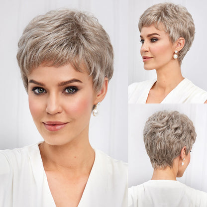 Light Blonde Mixed Off-White Short Pixie Cut Wigs for Women With Bangs Kanekalon Human-hair Like Texture Natural Layered Hair