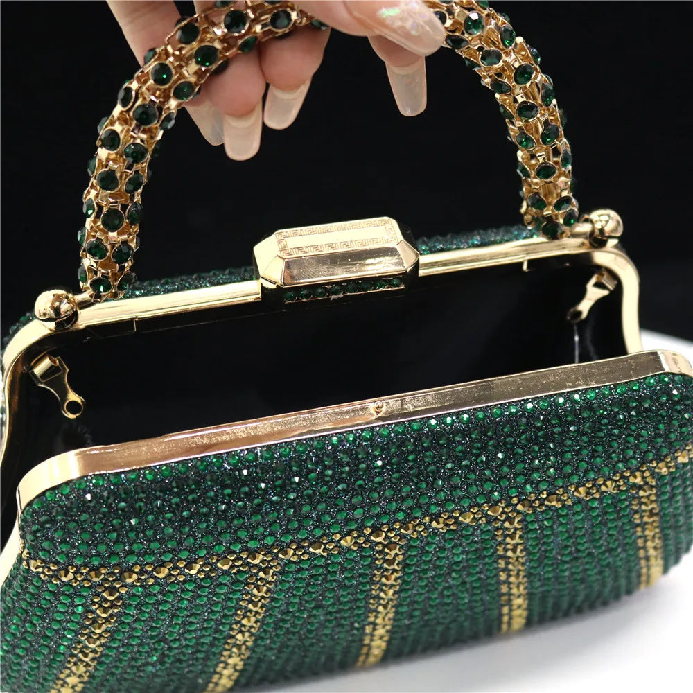 Popular In Nigeria Exquisite Evening Bags With Diamond Design Fashion Handle Clutch Rhinestone Embellished Long Chain Bag