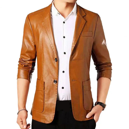 Fashionable Men Jacket with Cuff Buttons Stylish Men's Faux Leather Jacket with Lapel Collar Button Cuffs Pocket for Outdoor