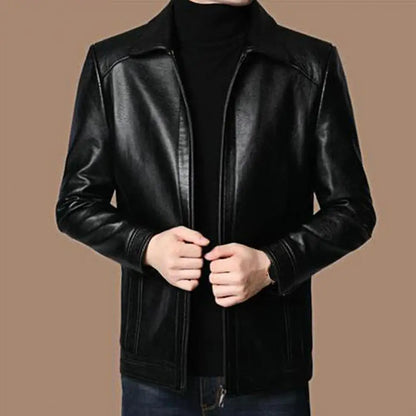 Men Jacket Faux Leather Solid Color Stand Collar Coat Smooth Zipper Neck Windproof Outerwear For Autumn Winter