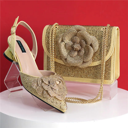 Peach Color Elegant Lady Shoes And Bag Set with Rhinestone Embellished Pearls-knot Wear-resistant And Comfortable Heel