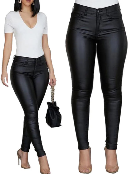 Fashion New Women PU Leather Pants Black Sexy Stretch Bodycon Trousers Women High Waist Solid Color Long Casual Pencil Pants