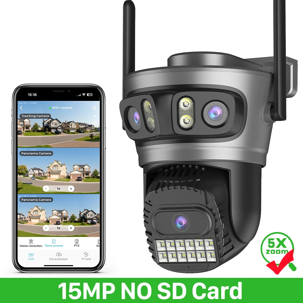 15MP 8K Three Lens Three Screens PTZ Wifi Camera Outdoor HD 5G Wifi Security Camera Ai Human Detection Home Surveillance Camera