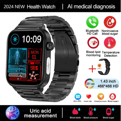 2024 New Medical Grade Smart Watch Men Blood Glucose Lipid and Uric Acid AI Diagnostic Detector Bluetooth Call Health Smartwatch