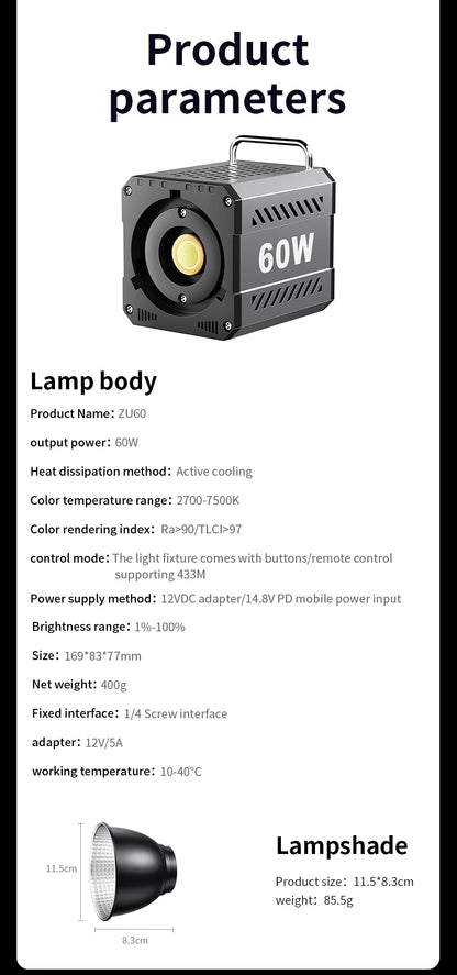 60W COB Video Light CRI≥90 TLCI≥97 Continuous Output Lighting Dual Color Temperature 2700K-6500K Portable Mini Bowens Live Light