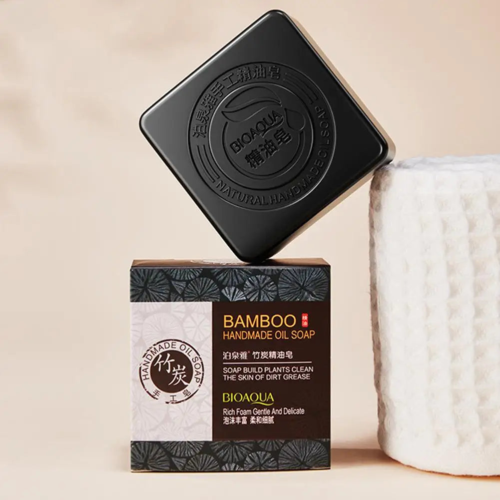 Black Bamboo Charcoal Whitening Soap Face Cleaner Skin Deep Cleansing Remove Acne Darkness Natural Organic Herbal Essential Oil