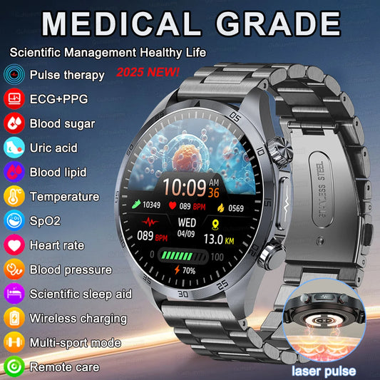 2025 Medical Grade Smart Watch Men Laser Treatment Three High ECG+PPG Blood Glucose Body Temperature BT Call Health smartwatches