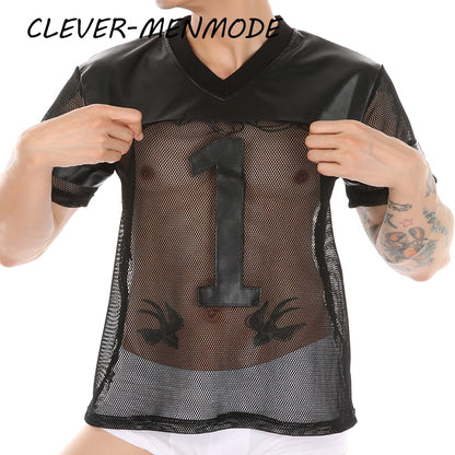 Men's Sexy Faux Leather Fishnet Short Sleeve Cutout PU T Sleeve Breathable V-Neck Short Sleeve Basketball Jersey Sportswear