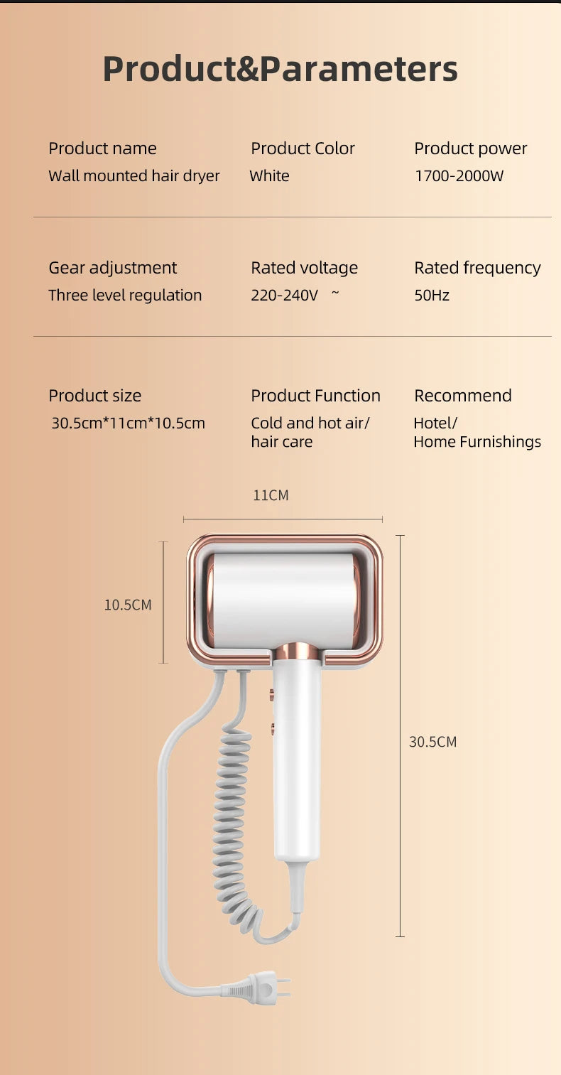 Hotel, Hotel, Non Perforated Wall Mounted Hair Dryer, Home Bathroom, High Wind Blue Light Hair Care Hair Dryer