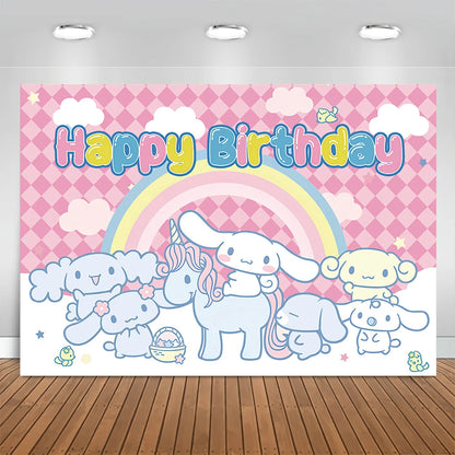 Sanrio Backdrops Banner Rainbow Balloons Cartoon Cinnamoroll Children's Happy Birthday Party Decor Photo Background Booth Props