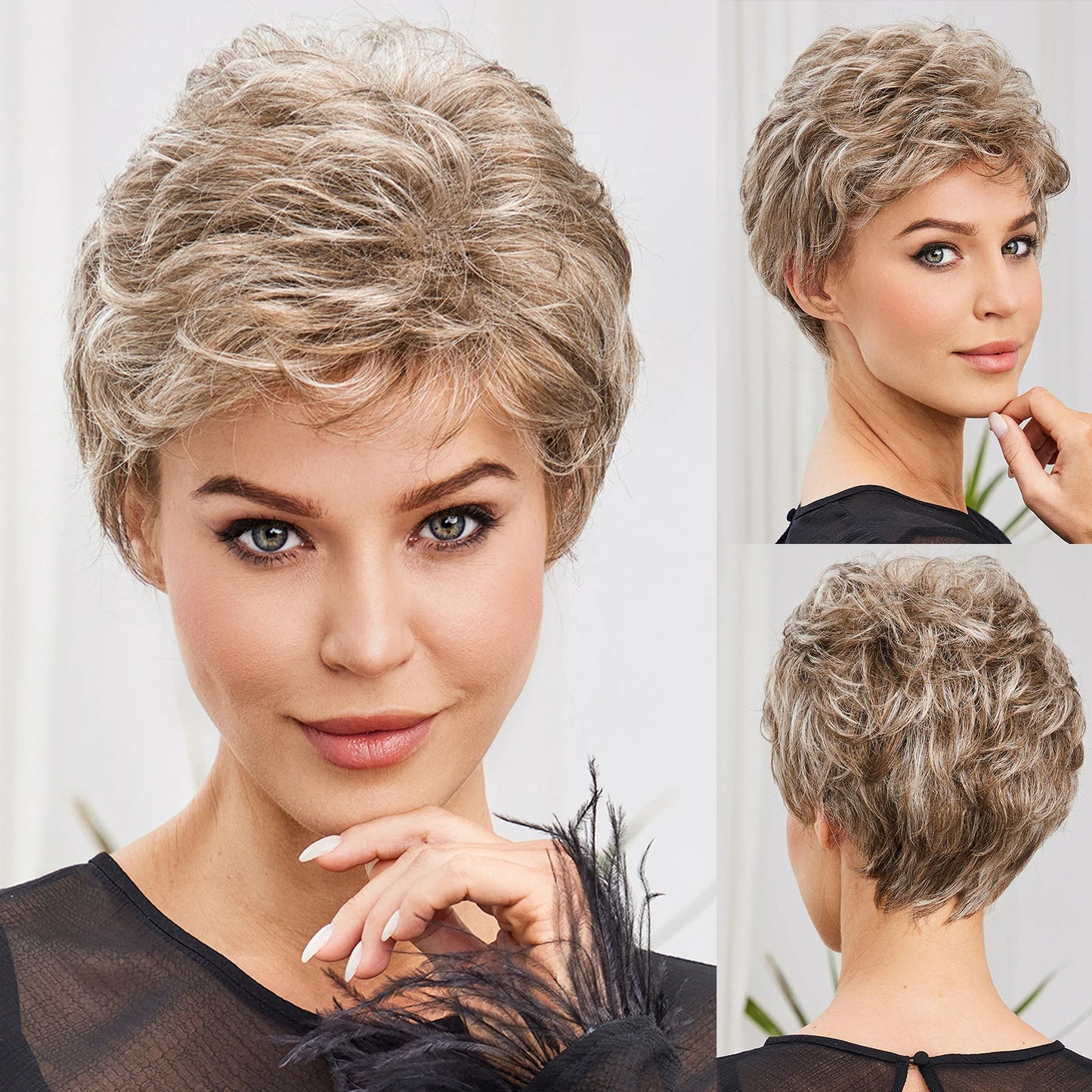 Light Blonde Mixed Off-White Short Pixie Cut Wigs for Women With Bangs Kanekalon Human-hair Like Texture Natural Layered Hair