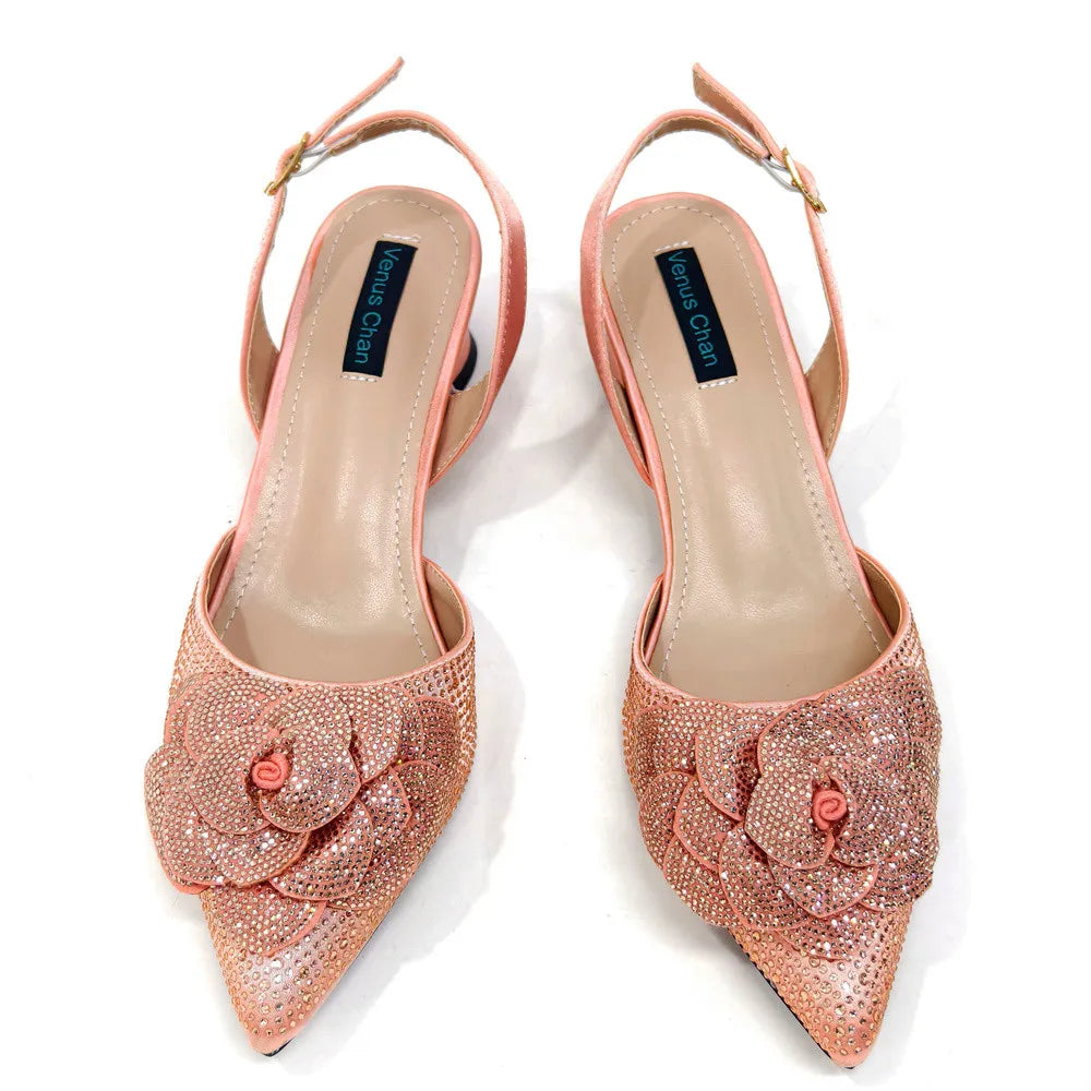 Peach Color Elegant Lady Shoes And Bag Set with Rhinestone Embellished Pearls-knot Wear-resistant And Comfortable Heel