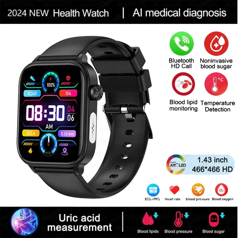 2024 New Medical Grade Smart Watch Men Blood Glucose Lipid and Uric Acid AI Diagnostic Detector Bluetooth Call Health Smartwatch