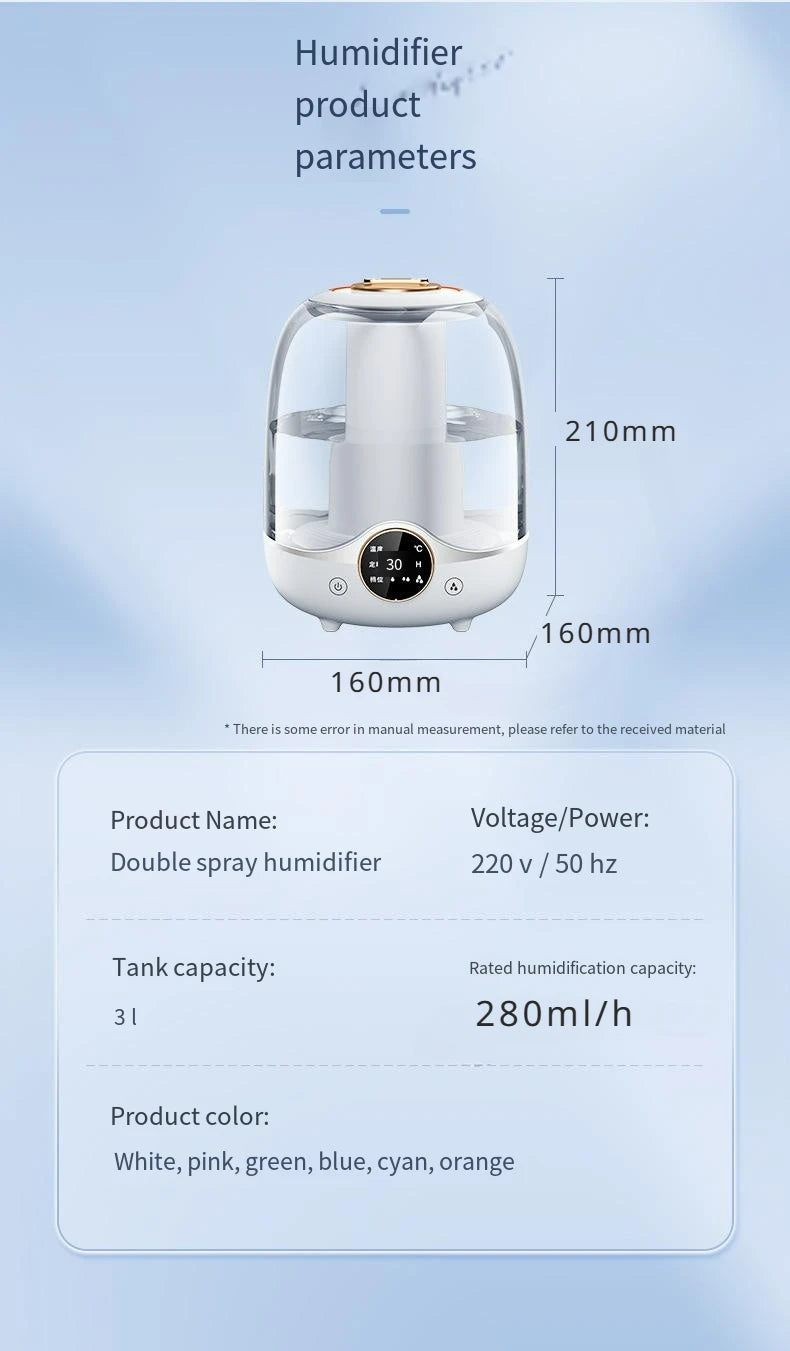 Double Spray 3L High Capacity Humidifier Colorful Lighting Household Office Desktop High Fog Air Humidifier Air Purifier