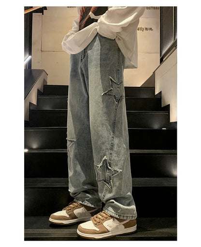 New Fashion Five-pointed Star Jeans Men High-waisted Vintage Streetwear Men Pants Baggy Winter Wide-leg Jeans Denim Men Clothing