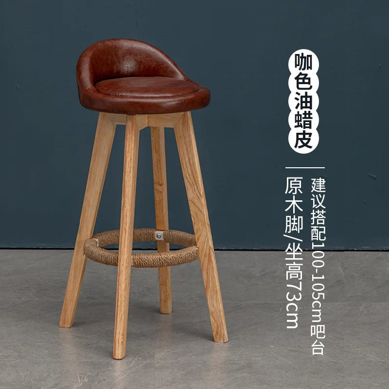 Solid Wood Bar Chair Nordic Rotatable High Foot stool Retro Pub Cafe Night Club High stool Modern Simple Backrest High Chair