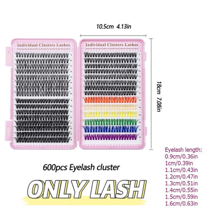 600pcs Colorful Cluster Lashes Eyelash Extension Kit, 9-16mm mix Individual Lash with Bond & Seal, Eyelashes Remover,Tweezers