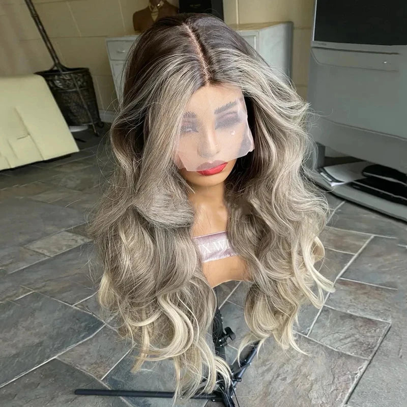 28 Inches Ombre Ash Grey Blonde Body Wave Synthetic Lace Front Wig Free Part Lace Wig With Natural Preplucked Hairline For Women