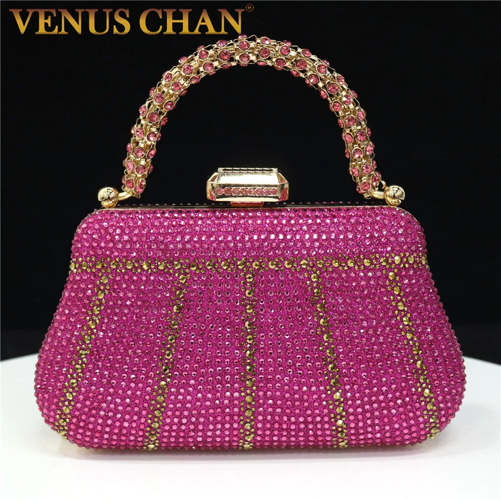 Popular In Nigeria Exquisite Evening Bags With Diamond Design Fashion Handle Clutch Rhinestone Embellished Long Chain Bag