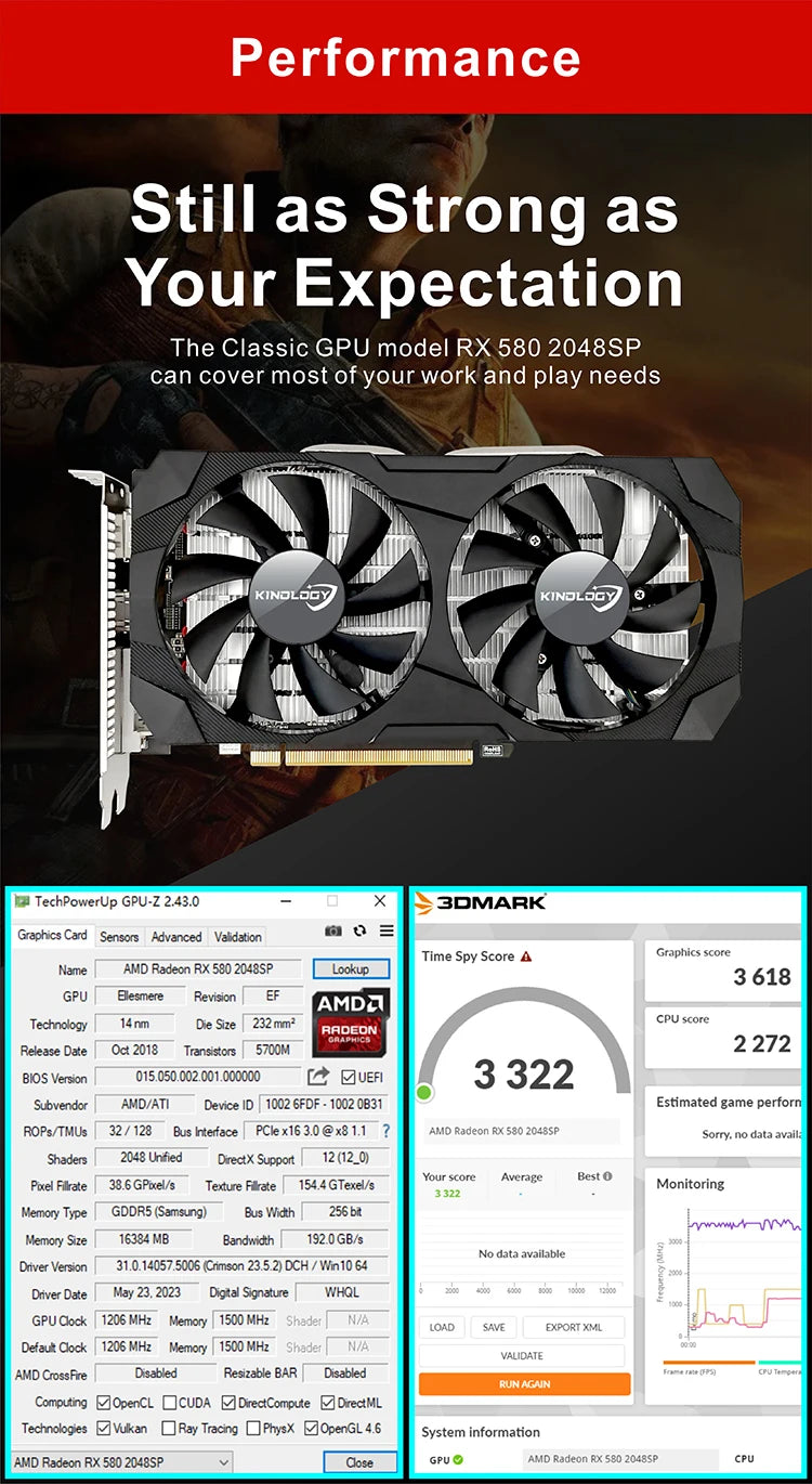 USED Kinology AMD RX 580 8G 16GB 2048SP Gaming Graphics Card GDDR5 256Bit PCI Express 3.0 ×16 Radeon GPU RX580 Series