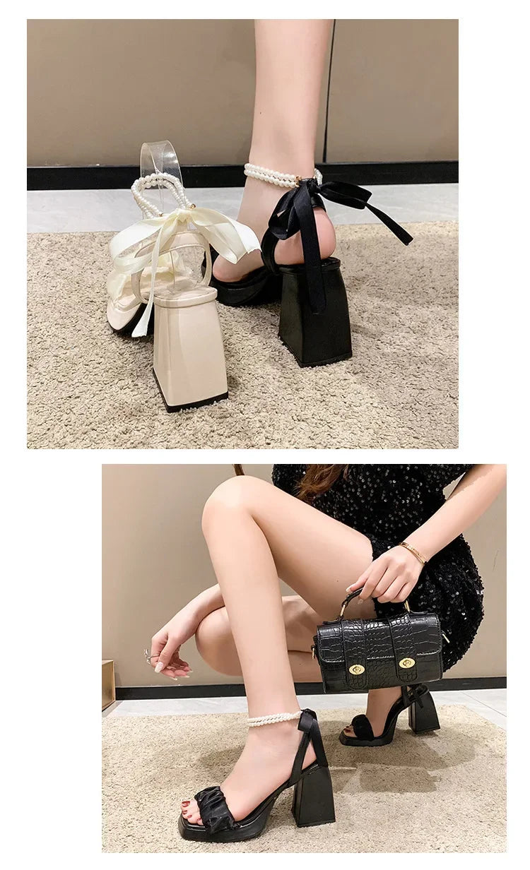 Shoes for Women Pearl Sandals Suit Female Beige Increasing Height Block Heels All-Match Black Bow 2024 Fashion Chunky Sandals