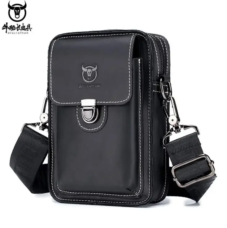 BULLCAPTAIN Crazy horse leather Male Waist Packs Phone Pouch Bags Waist Bag Men's Small chest Shoulder Belt Bag small back pack