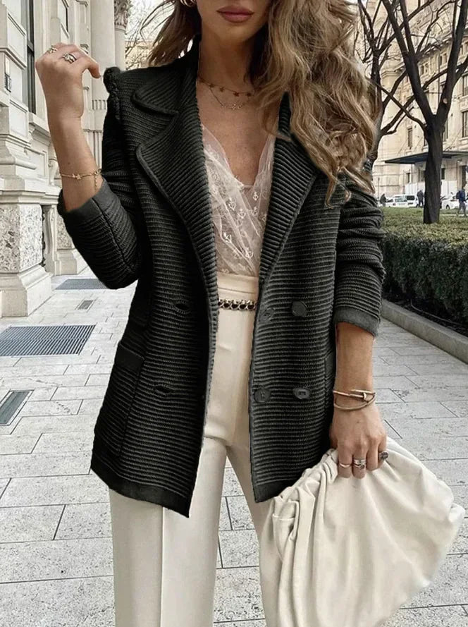 Women Double Breasted Button Solid Color Autumn Winter Blazer Jacket Fashion Casual Long Sleeve Coat Cardigan