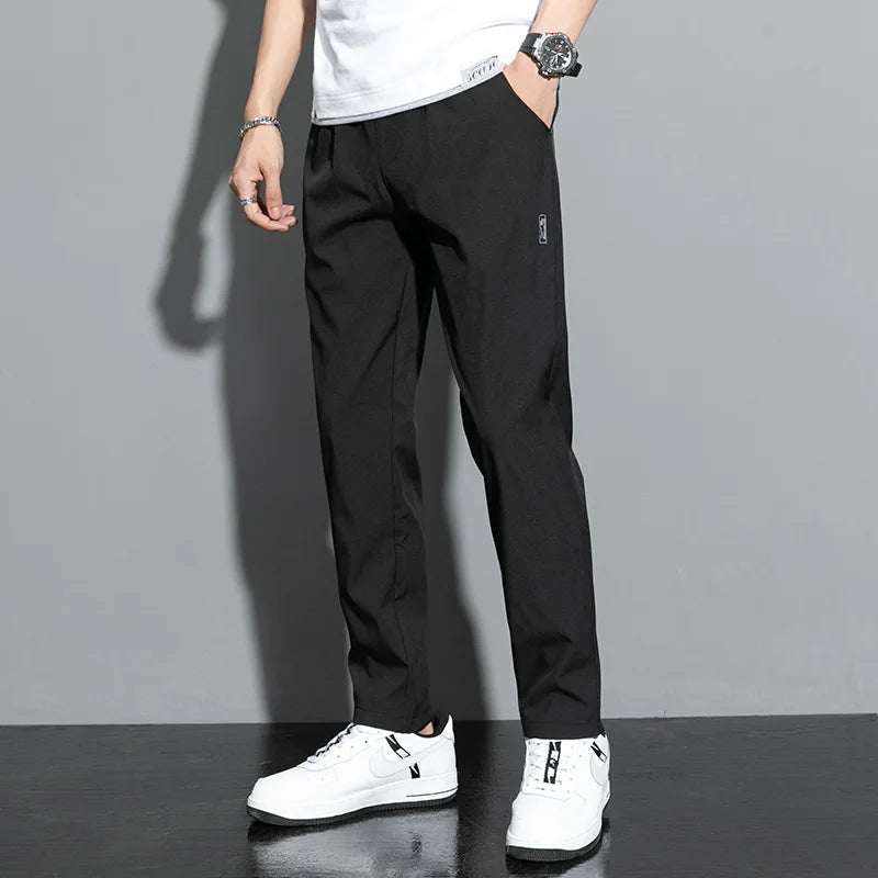 Ice Silk Men's Pants 2024 Summer New Black Gray Thin Business Casual Pants Outdoor Elastic Breathable Straight Leg Sweatpants