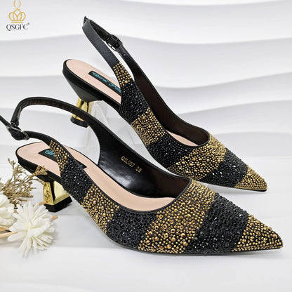 QSGFC INS 2024 Gold Color Elegant Women Heels Shoes and Bag Set Hollow Rhinestones  High Heels Wedges Shoes Matching Bag