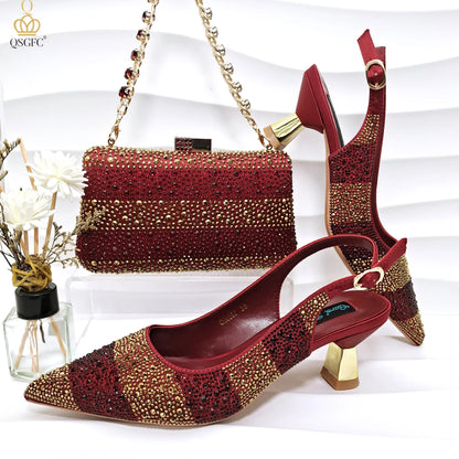 QSGFC INS 2024 Gold Color Elegant Women Heels Shoes and Bag Set Hollow Rhinestones  High Heels Wedges Shoes Matching Bag