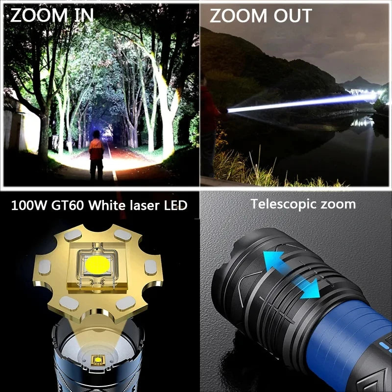 Most Powerful GT60 LED Flashlight Long-range Lighting Long Endurance Powerful Torch Type-C Charging Tactical Camping Lantern