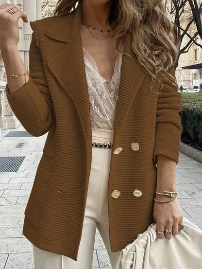 Women Double Breasted Button Solid Color Autumn Winter Blazer Jacket Fashion Casual Long Sleeve Coat Cardigan