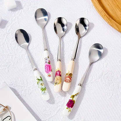 6pcs Stainless Steel Coffee Spoons With Ceramic Handles - Perfect For Mixing, Sugar, Ice Cream Kitchen & Dining Accessories