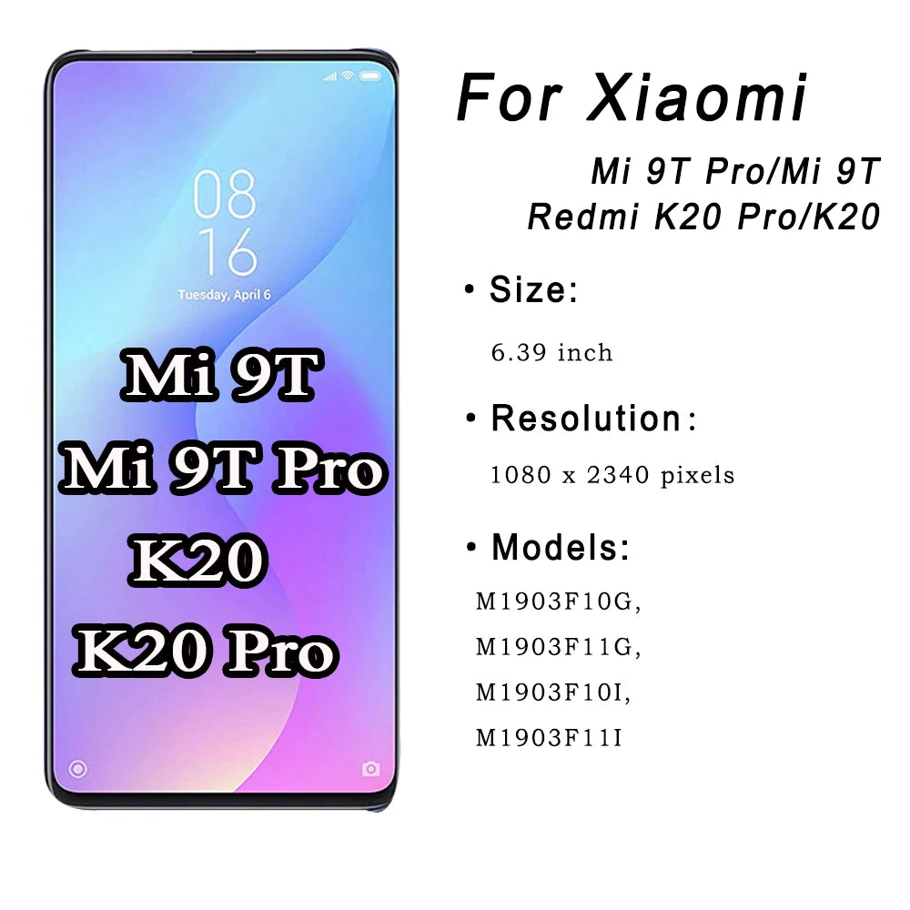 6.39" AMOLED For Xiaomi MI 9T Pro/MI 9T LCD Display Touch Screen Digitizer Assembly With Frame for Xiaomi Redmi K20 Pro /K20 LCD